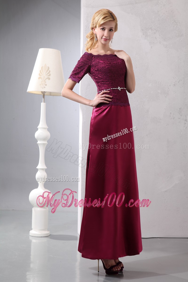 Burgundy Off Shoulder Ankle-length Taffeta and Lace Beaded Mother Dress