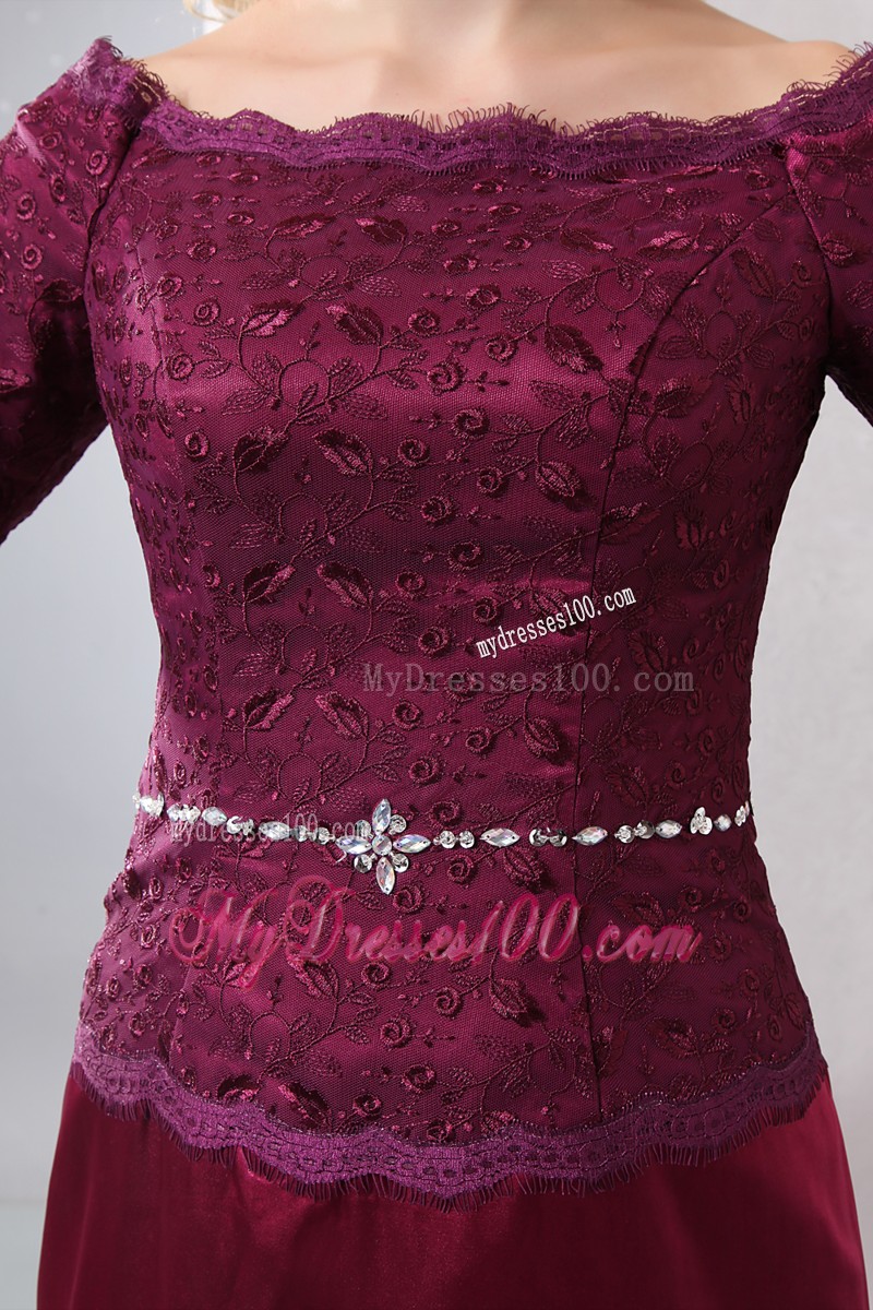 Burgundy Off Shoulder Ankle-length Taffeta and Lace Beaded Mother Dress