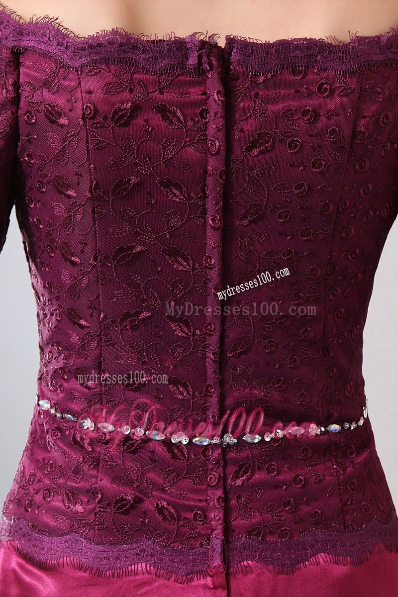 Burgundy Off Shoulder Ankle-length Taffeta and Lace Beaded Mother Dress