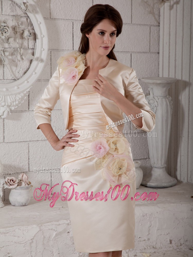 Champagne Column Hand Flowers and Ruching Mother Bride Dress