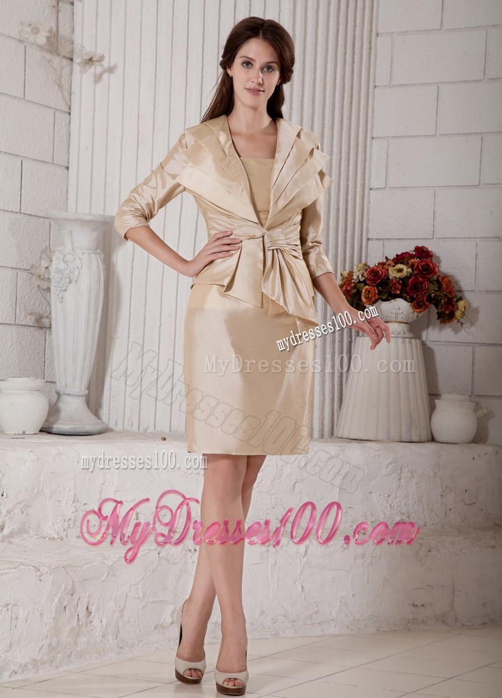 Champagne Column Strapless Knee-length Mother of the Bride Dress