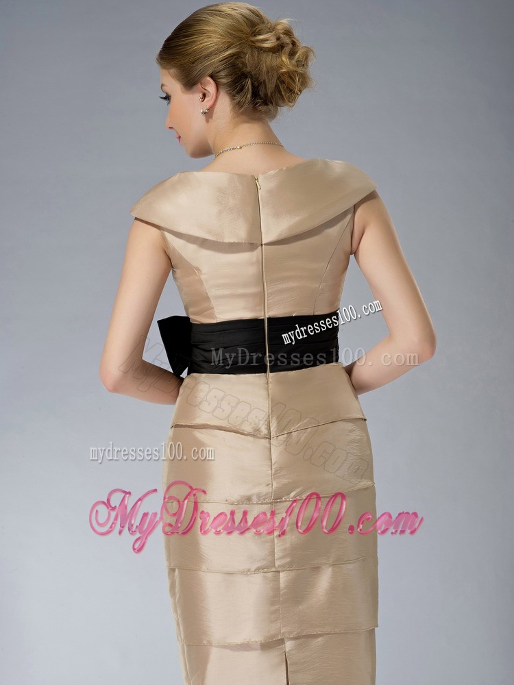 Champagne Column V-neck Knee-length Bowknot Mother Dress