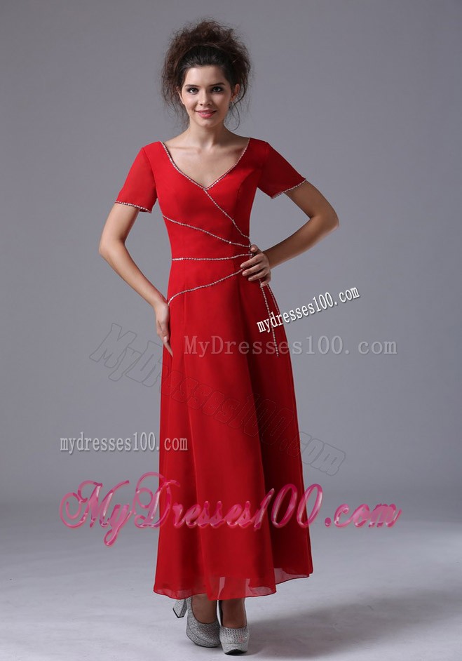 V-Neck Column Red Ankle-length Mother Bride Dress with Short Sleeves