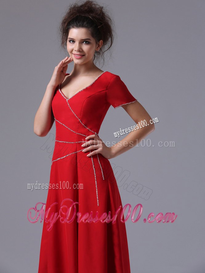 V-Neck Column Red Ankle-length Mother Bride Dress with Short Sleeves