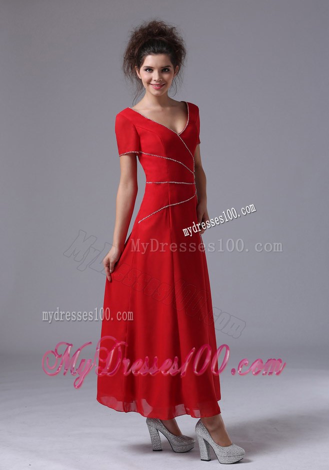 V-Neck Column Red Ankle-length Mother Bride Dress with Short Sleeves