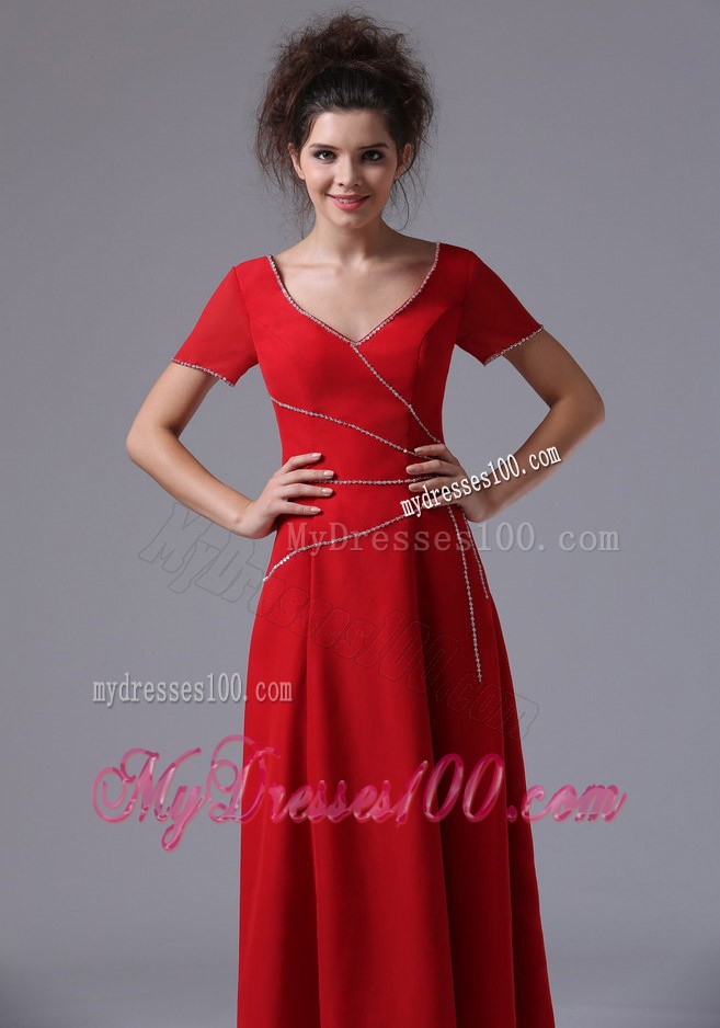 V-Neck Column Red Ankle-length Mother Bride Dress with Short Sleeves