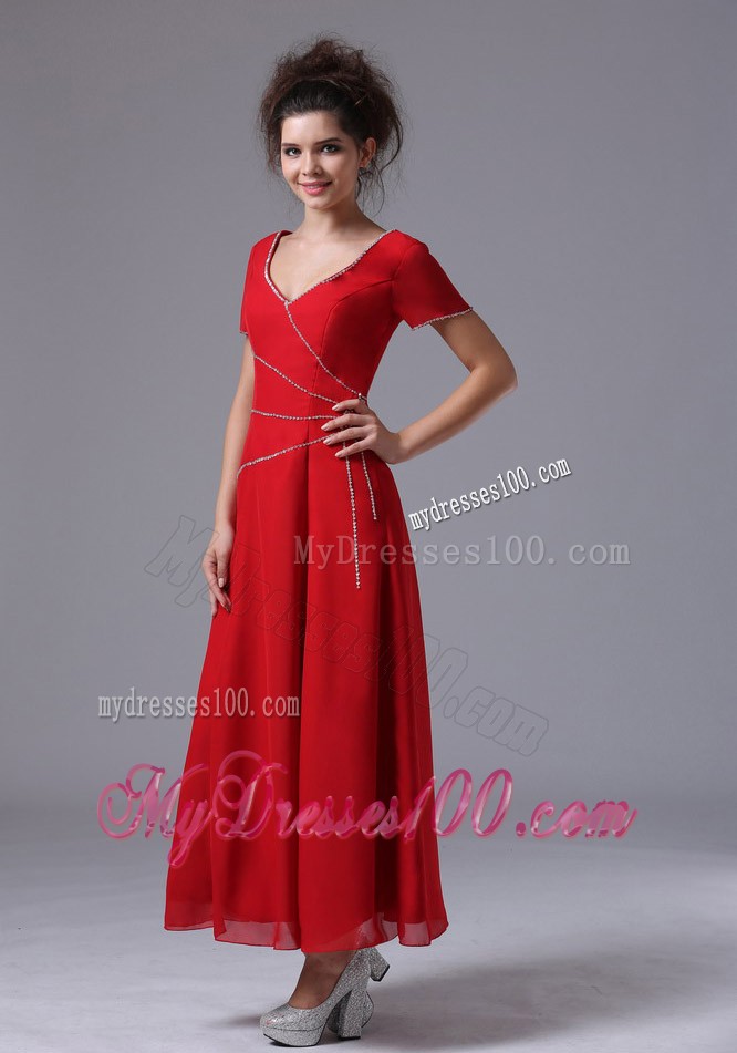 V-Neck Column Red Ankle-length Mother Bride Dress with Short Sleeves
