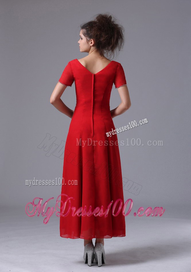 V-Neck Column Red Ankle-length Mother Bride Dress with Short Sleeves
