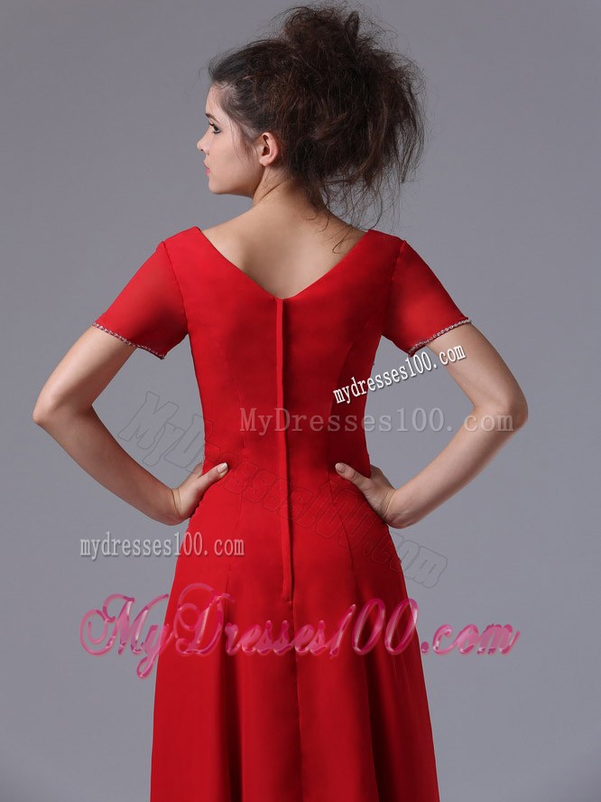 V-Neck Column Red Ankle-length Mother Bride Dress with Short Sleeves