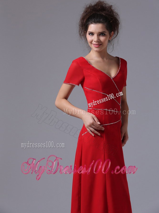V-Neck Column Red Ankle-length Mother Bride Dress with Short Sleeves