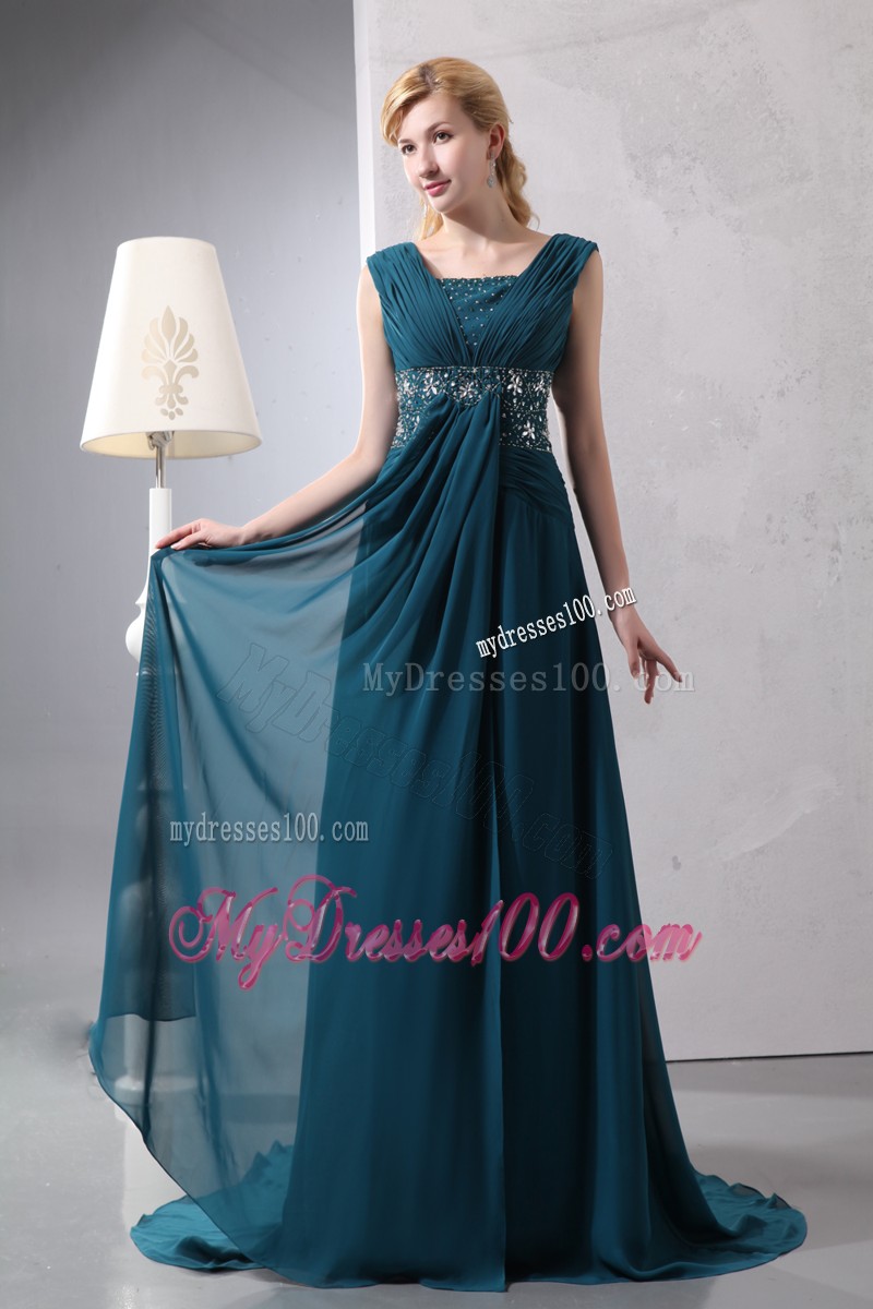 Dark Green Empire Straps Court Train Beading Mother Bride Dress