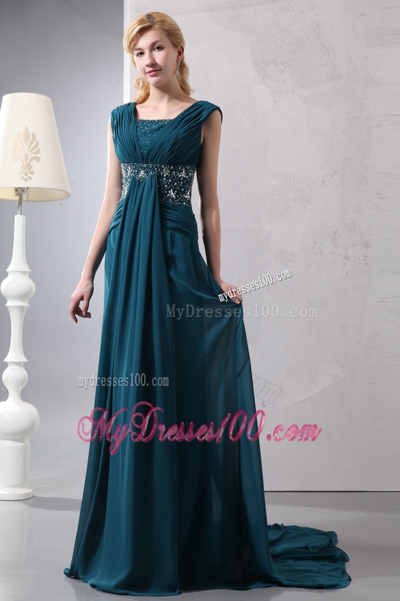 Dark Green Empire Straps Court Train Beading Mother Bride Dress