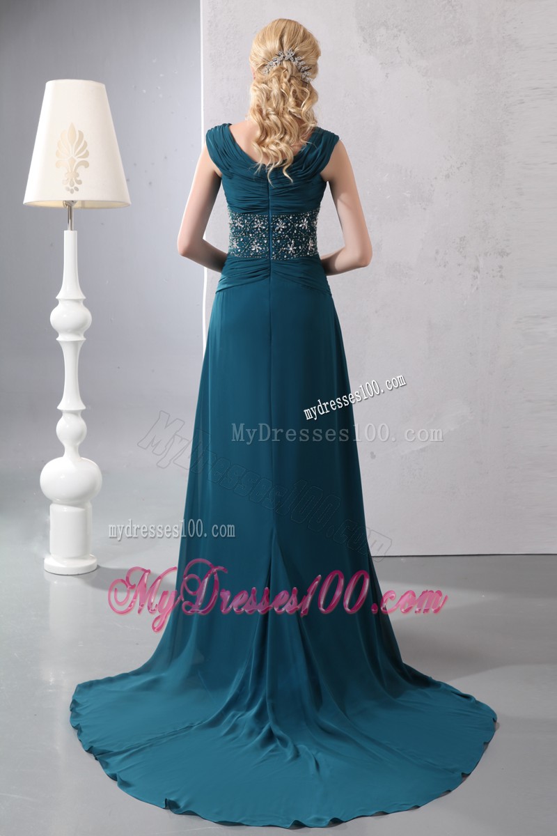Dark Green Empire Straps Court Train Beading Mother Bride Dress