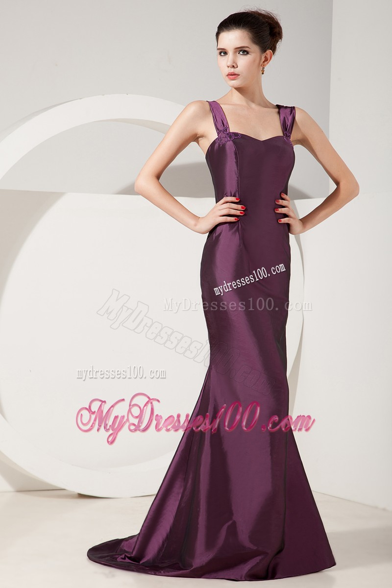 Dark Purple Mermaid Straps Brush Train Satin Mother Of Bride Dress