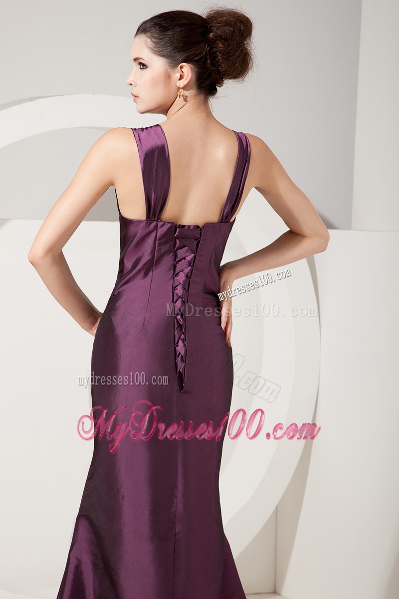 Dark Purple Mermaid Straps Brush Train Satin Mother Of Bride Dress