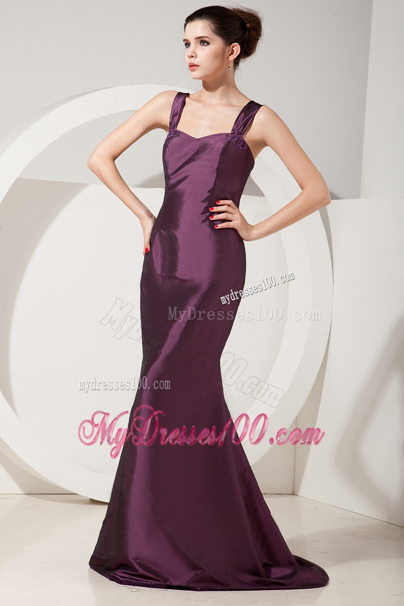 Dark Purple Mermaid Straps Brush Train Satin Mother Of Bride Dress