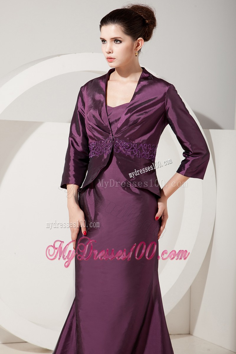 Dark Purple Mermaid Straps Brush Train Satin Mother Of Bride Dress