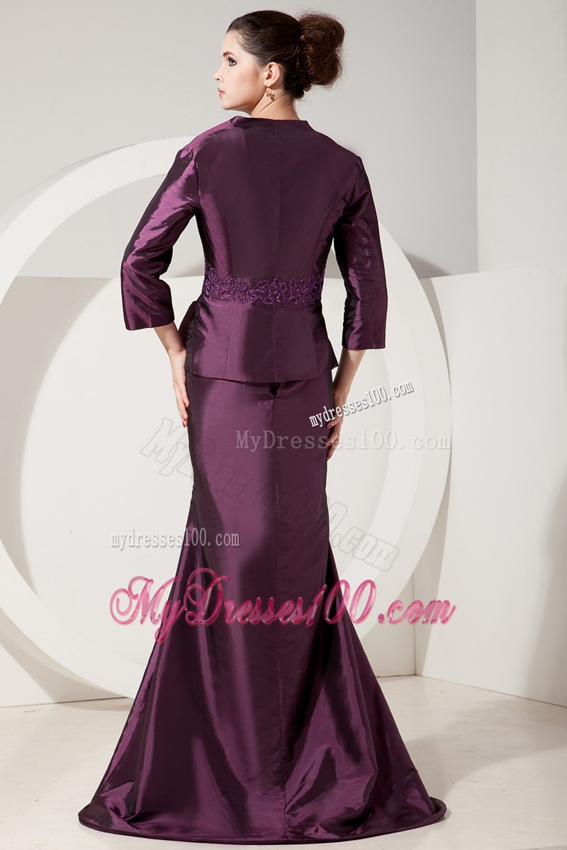 Dark Purple Mermaid Straps Brush Train Satin Mother Of Bride Dress