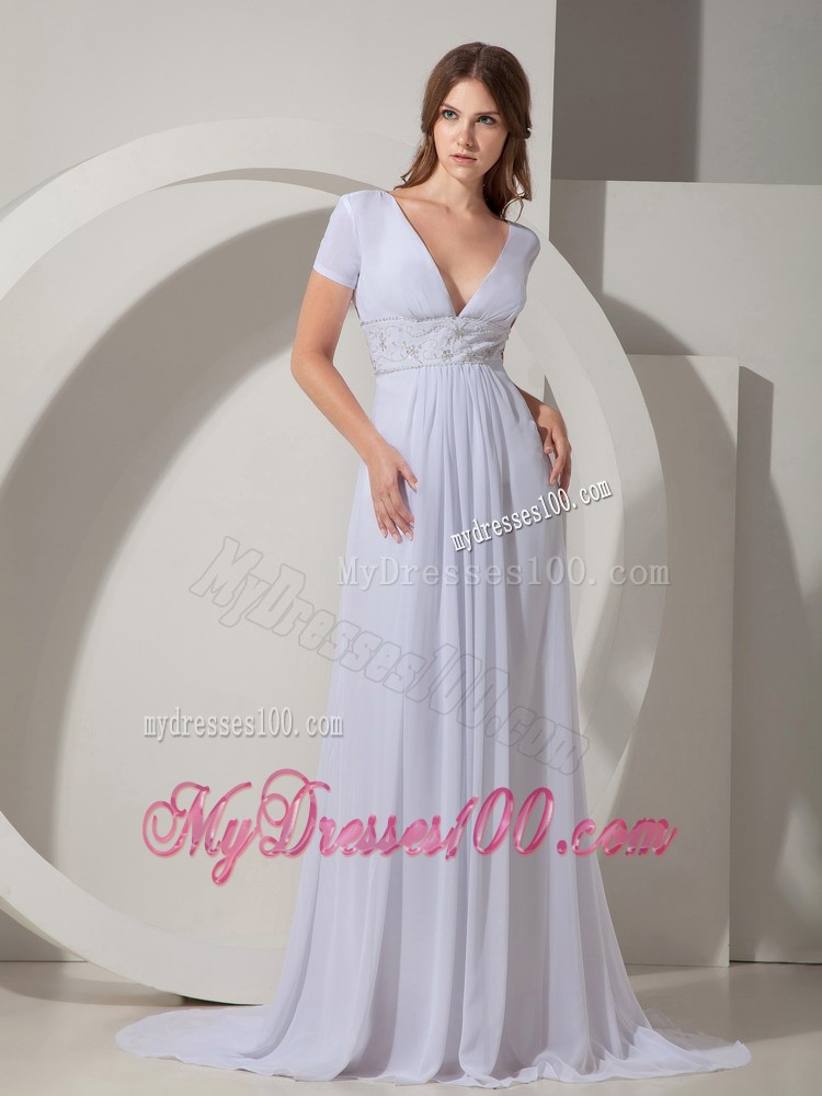 Fashionable Empire V-Neck Court Train Beading Mother Dress in White