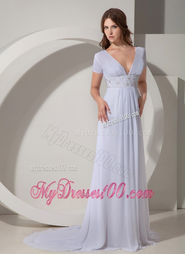 Fashionable Empire V-Neck Court Train Beading Mother Dress in White