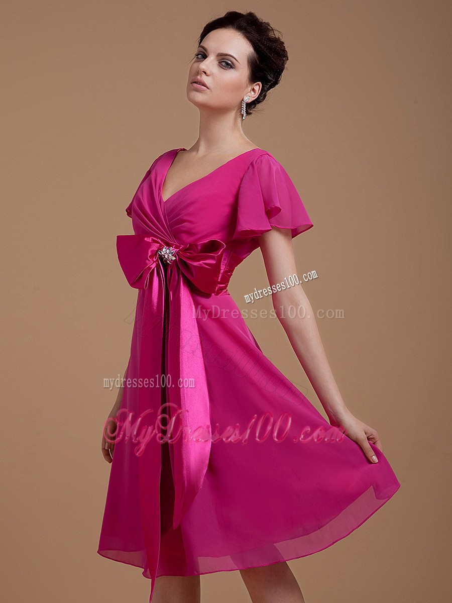 Fuchsia Mother Bride Dress with Bowknot Short Sleeves Knee-length 