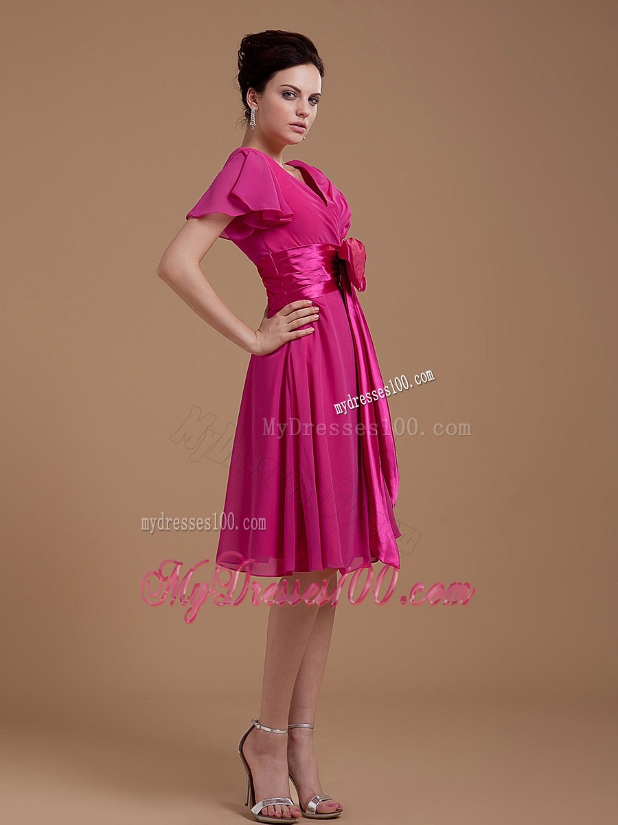 Fuchsia Mother Bride Dress with Bowknot Short Sleeves Knee-length 