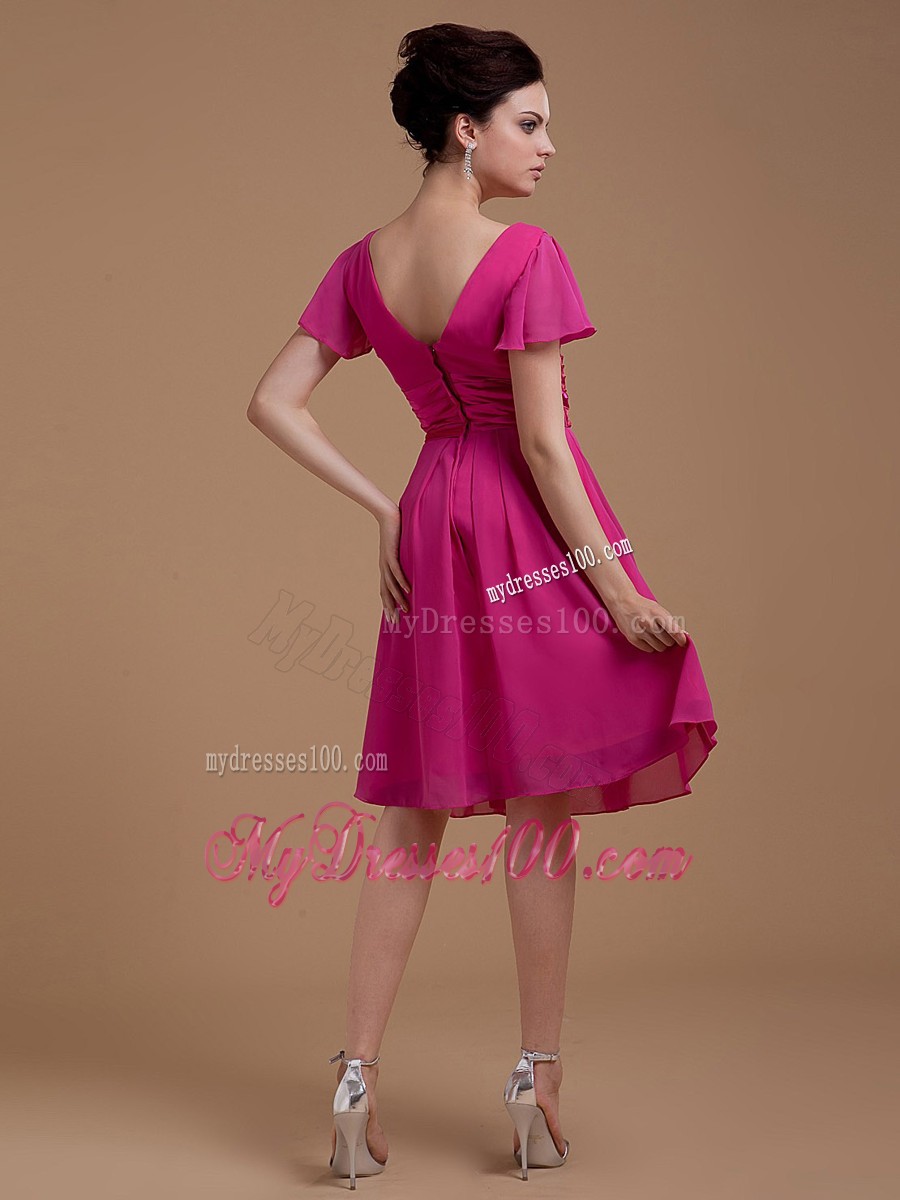 Fuchsia Mother Bride Dress with Bowknot Short Sleeves Knee-length 