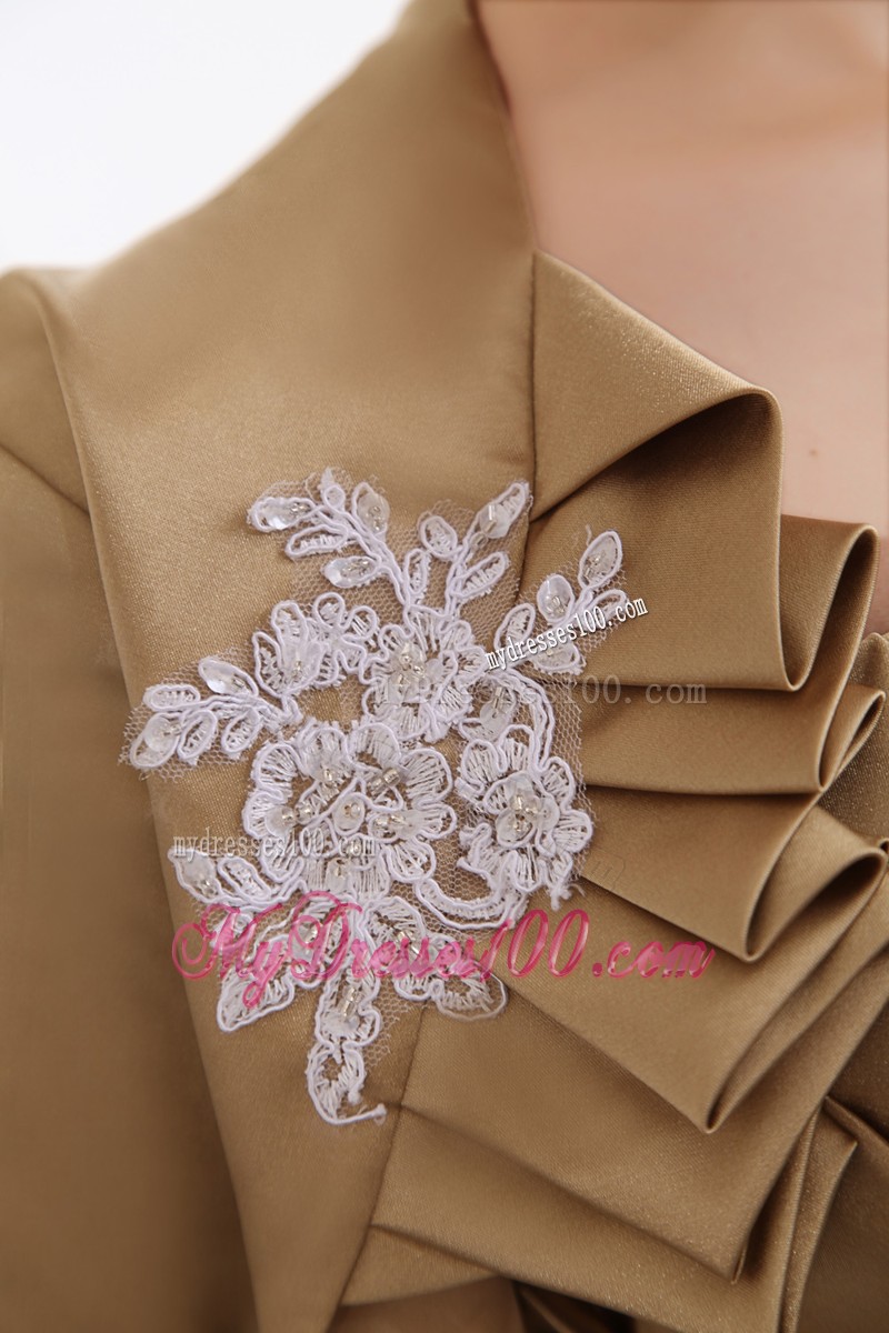 Gold Column Strapless Knee-length Satin Ruching Mother Bride Dress