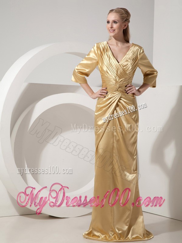 Gold Column V-neck Brush Train Taffeta Ruching Mother Bride Dress