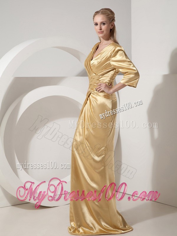 Gold Column V-neck Brush Train Taffeta Ruching Mother Bride Dress