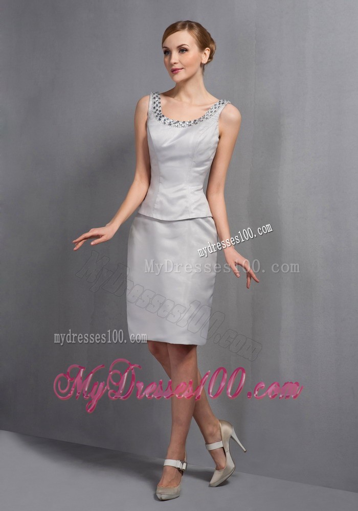 Gray Column Scoop Knee-length Beading Mother Bride Dress
