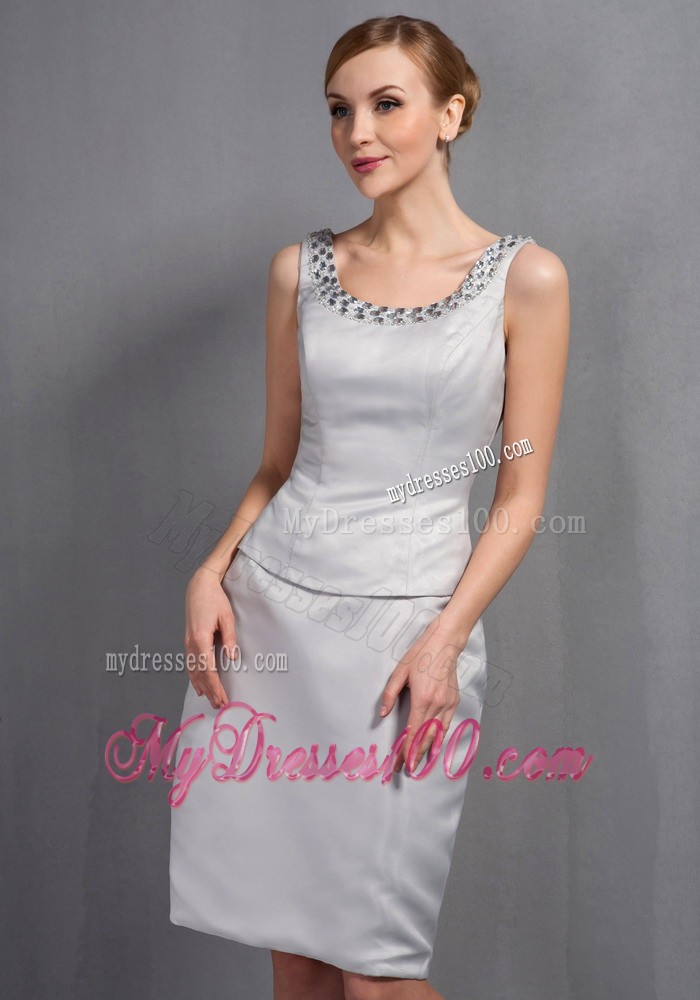 Gray Column Scoop Knee-length Beading Mother Bride Dress