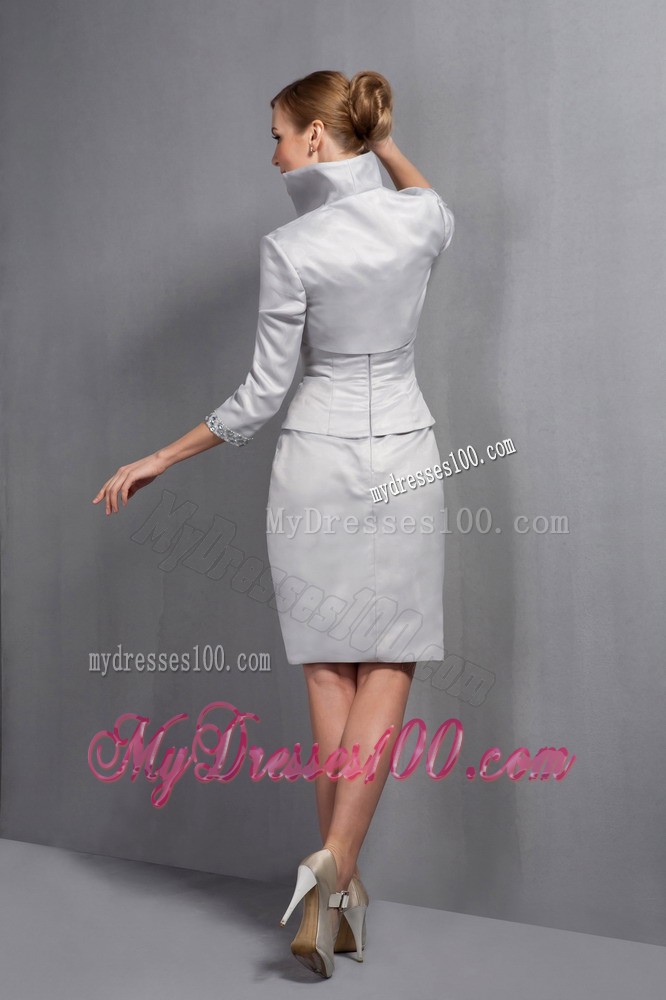 Gray Column Scoop Knee-length Beading Mother Bride Dress