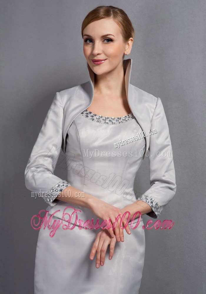 Gray Column Scoop Knee-length Beading Mother Bride Dress