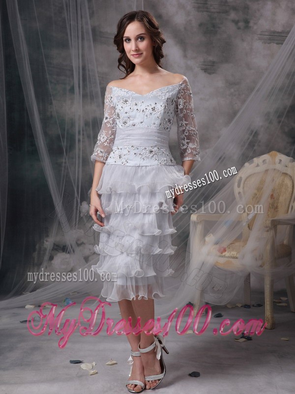 Grey Sheath off the Shoulder Tea-length Beading Mother of Bride Dress