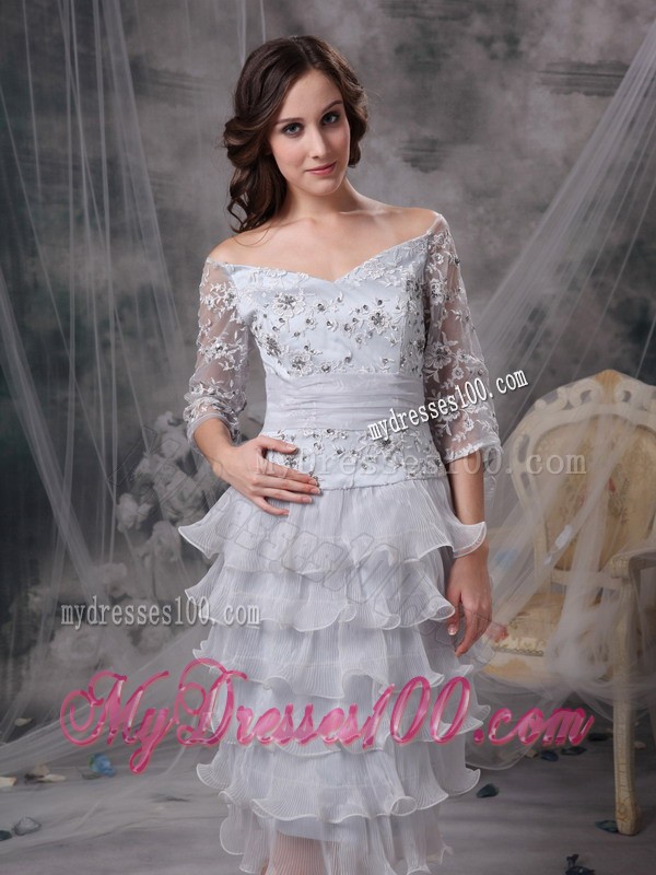 Grey Sheath off the Shoulder Tea-length Beading Mother of Bride Dress