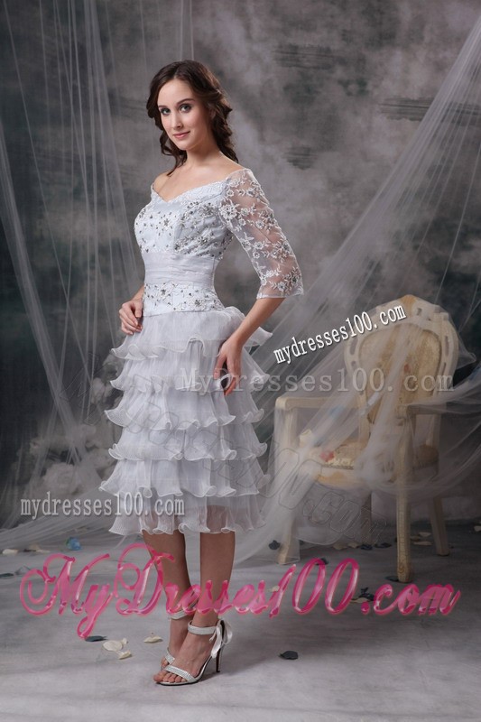 Grey Sheath off the Shoulder Tea-length Beading Mother of Bride Dress