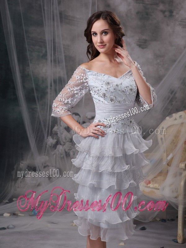 Grey Sheath off the Shoulder Tea-length Beading Mother of Bride Dress