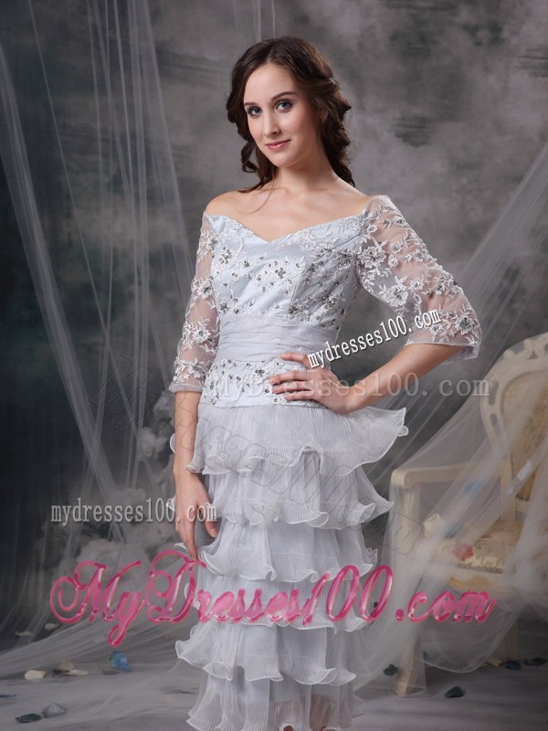 Grey Sheath off the Shoulder Tea-length Beading Mother of Bride Dress