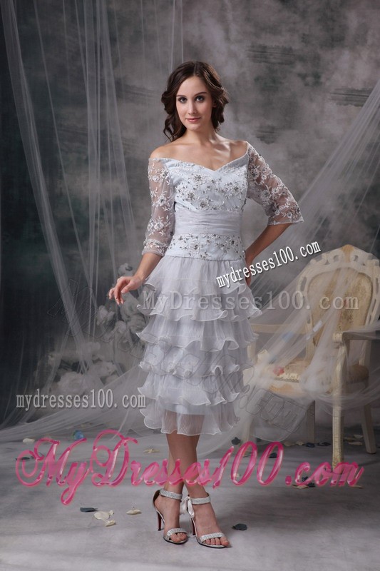 Grey Sheath off the Shoulder Tea-length Beading Mother of Bride Dress