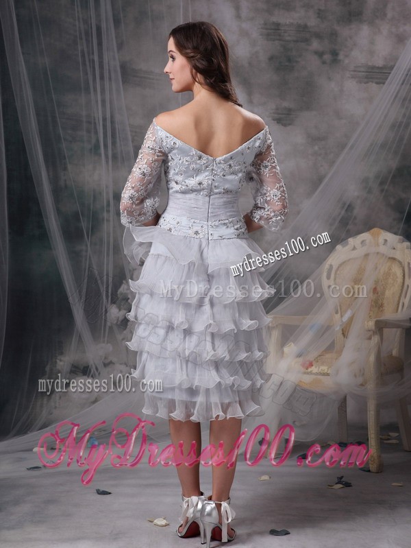 Grey Sheath off the Shoulder Tea-length Beading Mother of Bride Dress