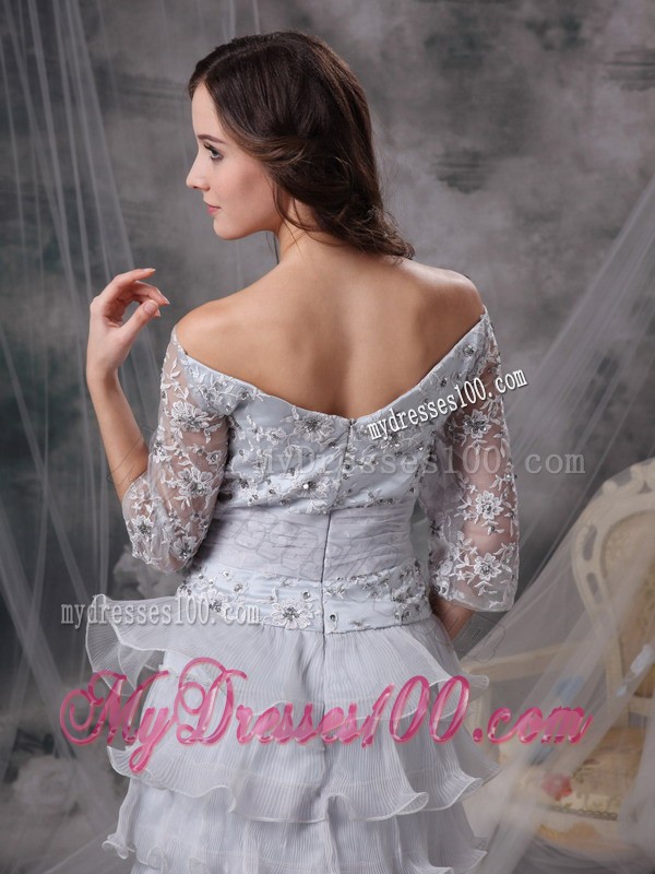 Grey Sheath off the Shoulder Tea-length Beading Mother of Bride Dress