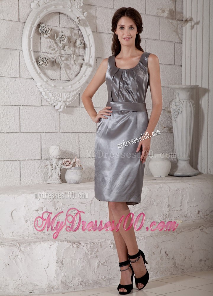 Grey Column Scoop Knee-length Hand Flower Mother of the Bride Dress