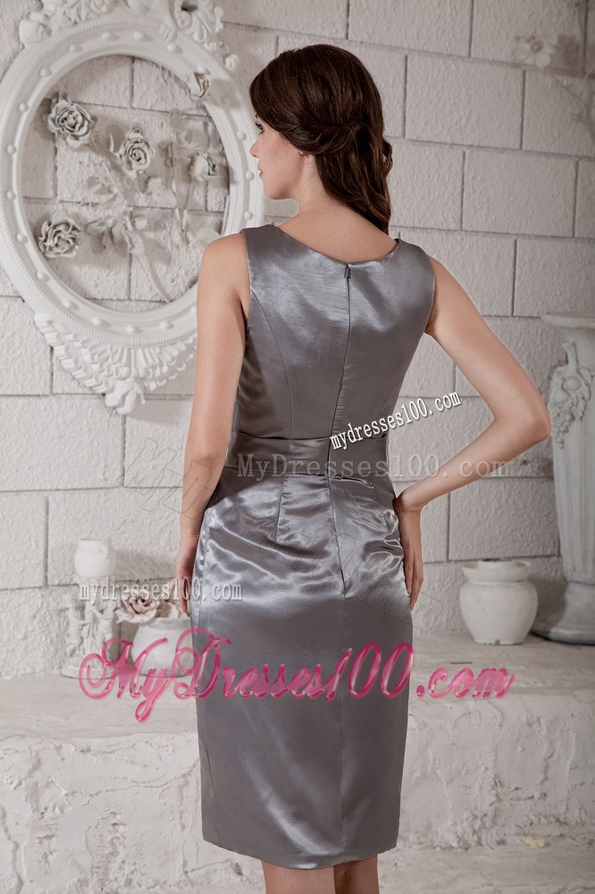 Grey Column Scoop Knee-length Hand Flower Mother of the Bride Dress