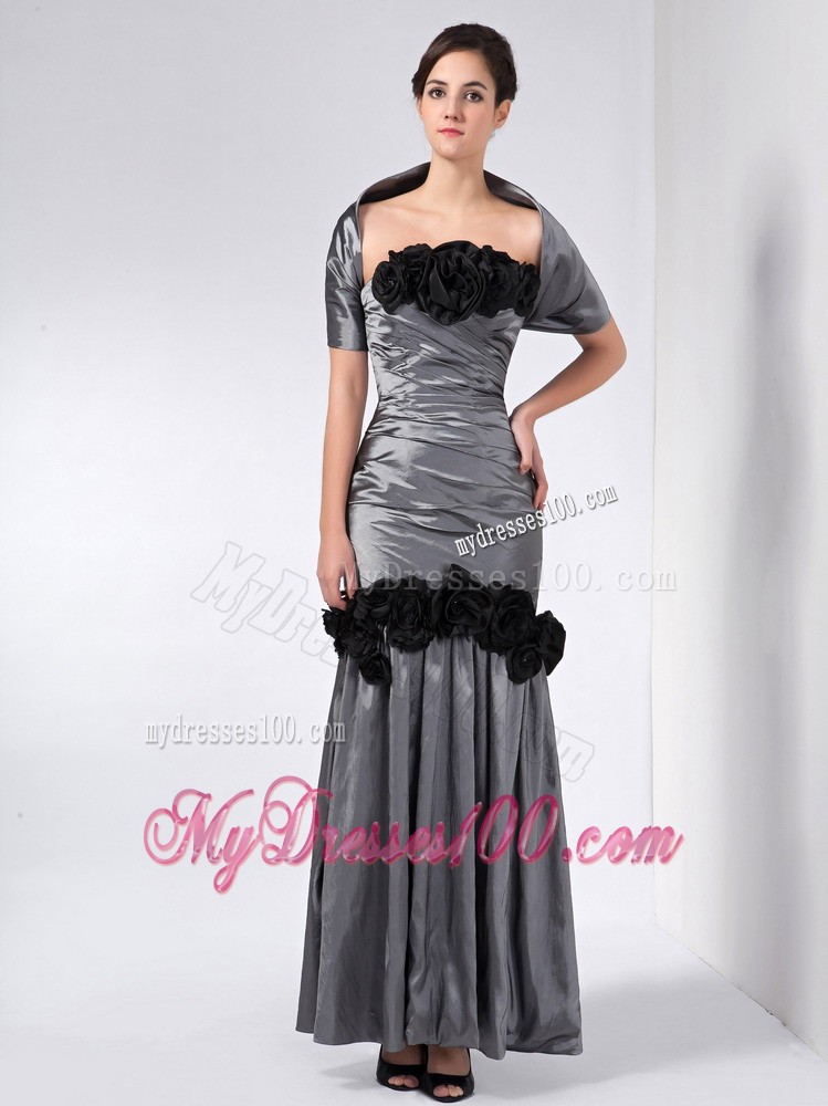 Grey Column Strapless Ankle-length Hand Made Flowers Mother Dress