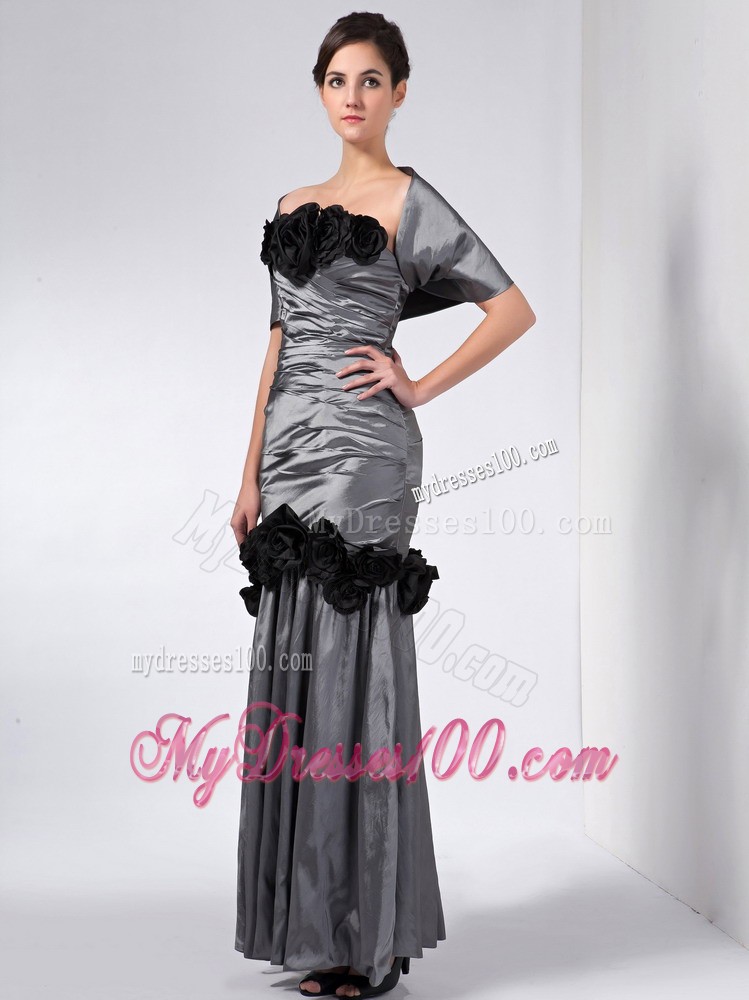 Grey Column Strapless Ankle-length Hand Made Flowers Mother Dress