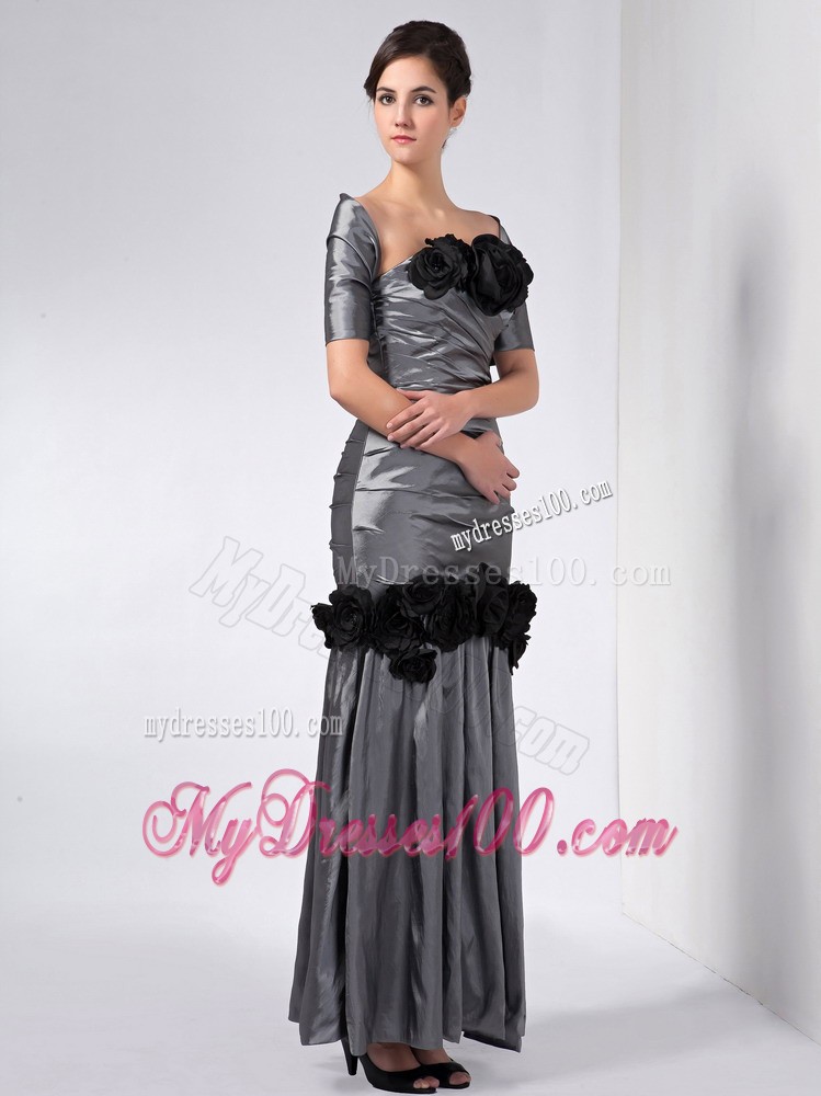 Grey Column Strapless Ankle-length Hand Made Flowers Mother Dress