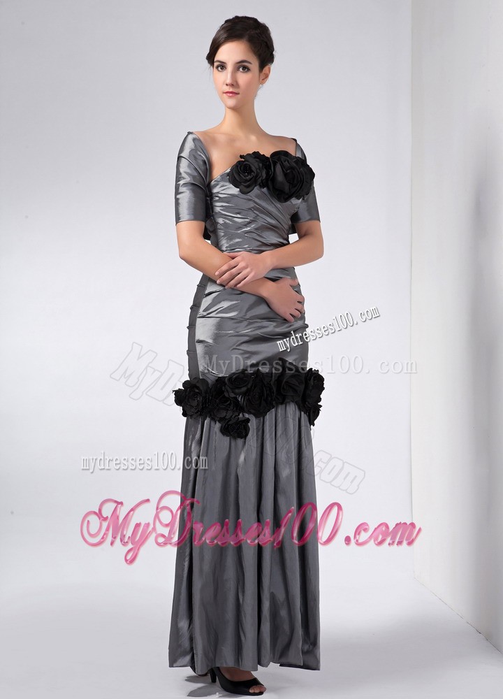 Grey Column Strapless Ankle-length Hand Made Flowers Mother Dress