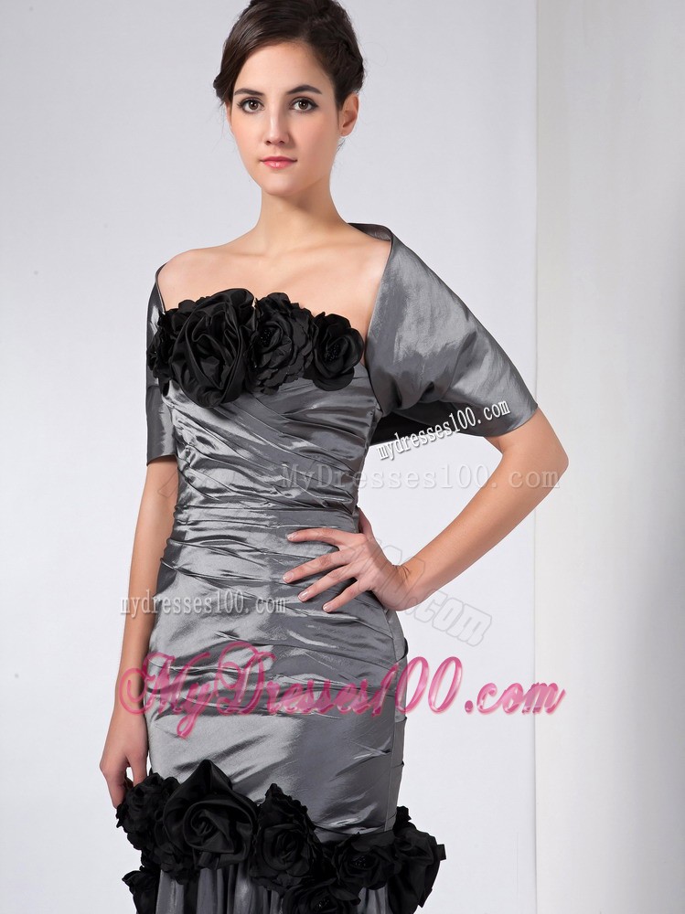 Grey Column Strapless Ankle-length Hand Made Flowers Mother Dress