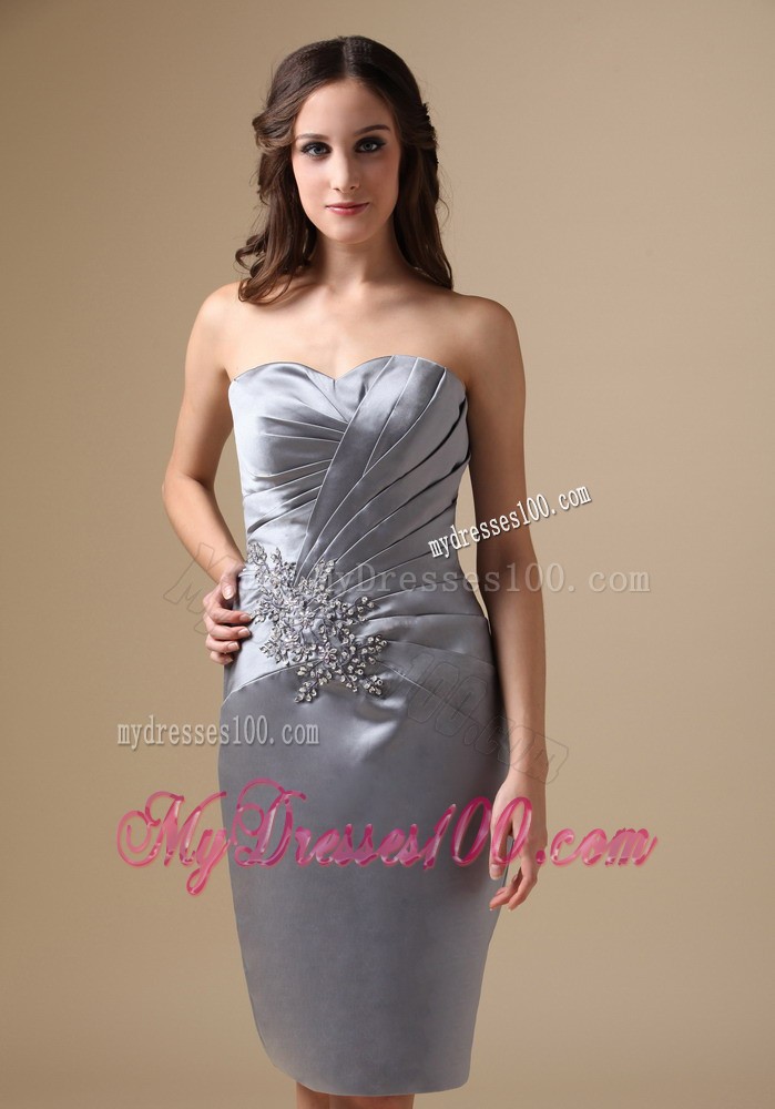 Grey Column Sweetheart Knee-length Beading Mother Bride Dress